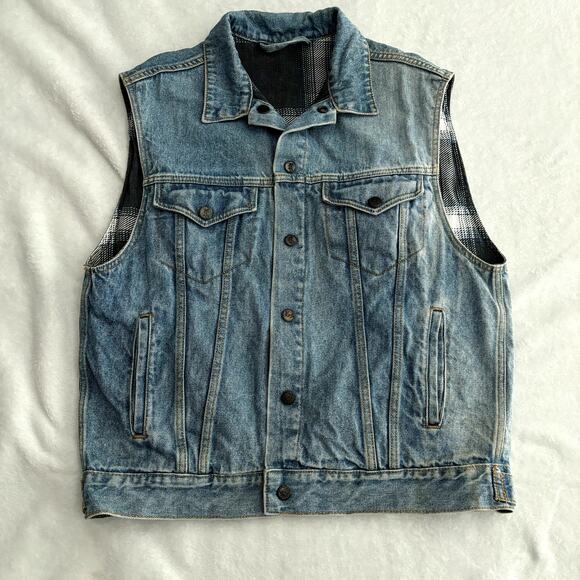 Mickey Mouse Inc World Travelers REVERSIBLE Denim Vest Mens Medium Plaid Vtg 90s - Picture 10 of 13